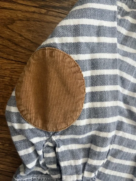 Old Navy Blue and White Striped Button-Up Shirt with Brown Elbow Patches - Picture 3 of 6